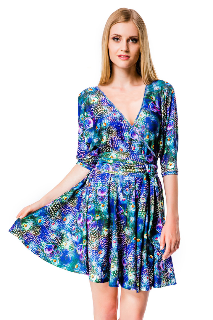 Фото товара 7013, синее летнее платье с принтом перо павлина